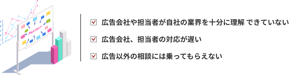 広告会社や担当者が自社の業界を十分に理解 できていない。広告会社、担当者の対応が遅い。広告以外の相談には乗ってもらえない。
